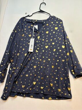 Navy Top with Metallic Gold Hearts 3x Henley